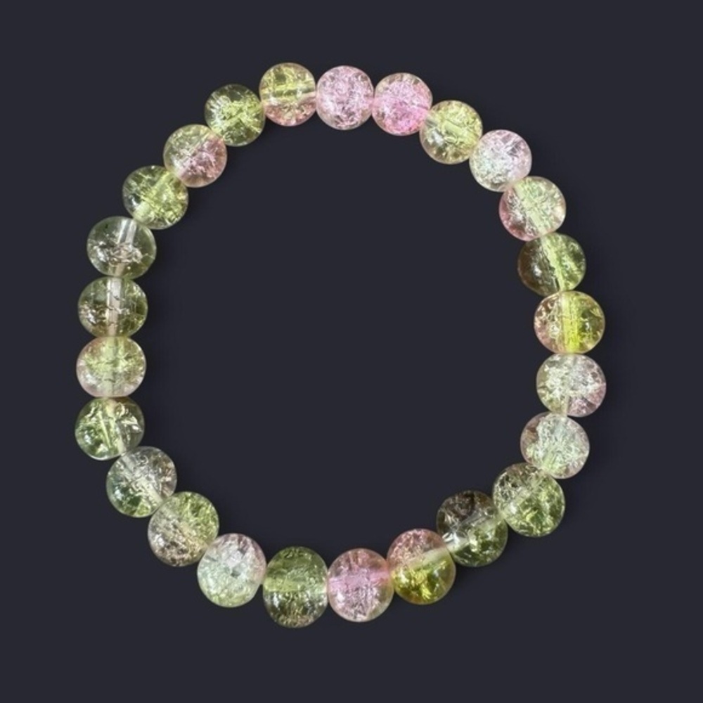 Green Pink Crackle Glass Bead Bracelet